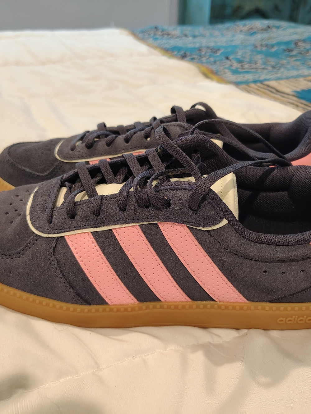 Adidas Women's Breaknet Sleek Suede Sneakers - Navy with Pink Stripes Size 10